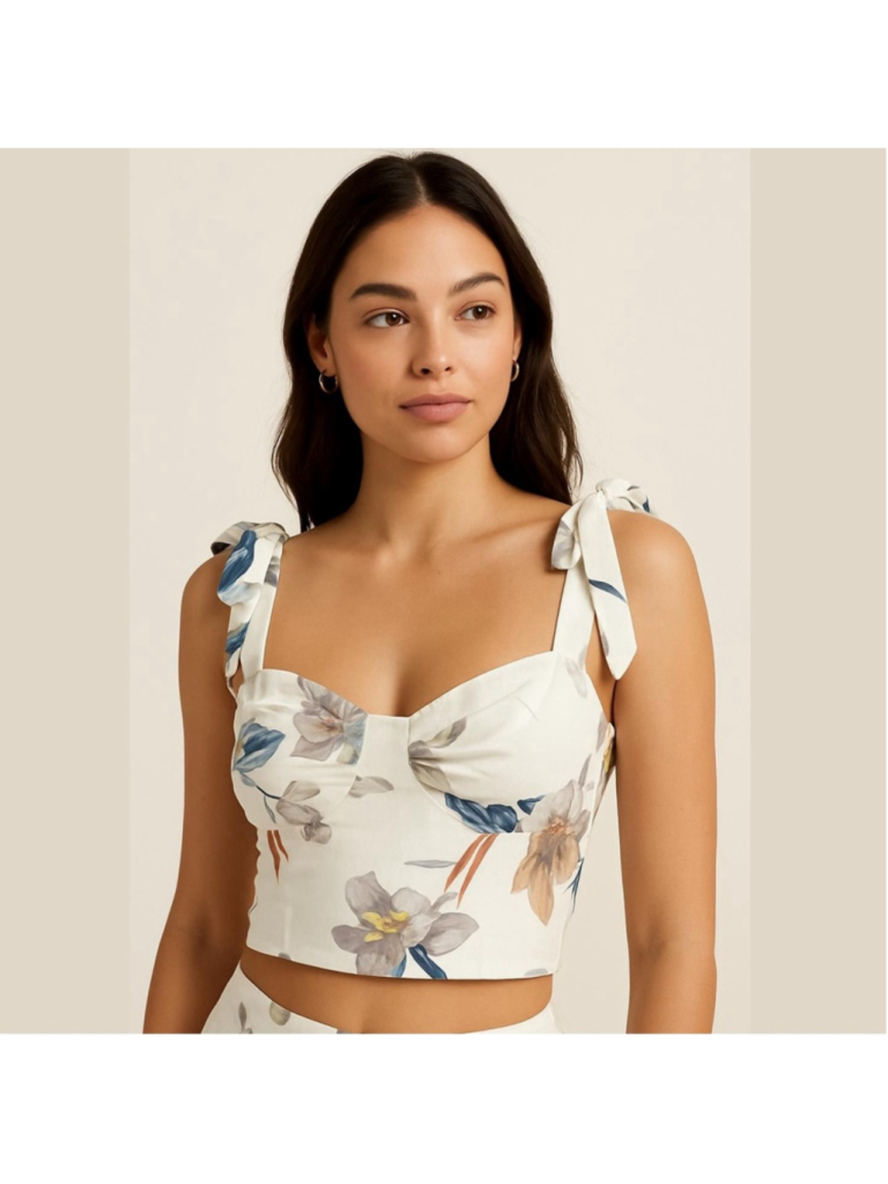 ** Style Rack Ivory Floral Cropped Top with Tie Shoulder Straps Size S